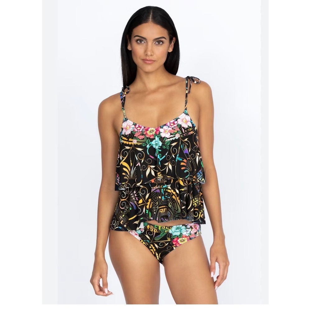 Johnny Was Tankini Top XS Multi New Floral Tiered Ruffle Tie Strap CSW6022AN
